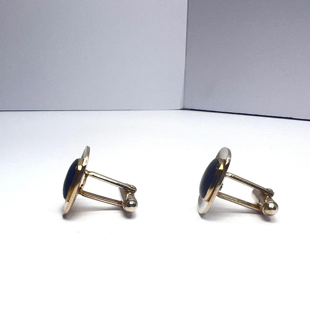 Vintage Anson Onyx Cufflinks Gold Tone‎ Black Center Bullet Back Signed